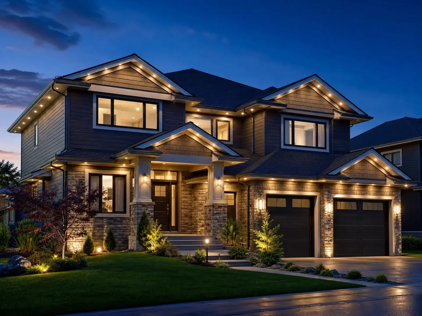 Atlanta home with permanent holiday roofline lights at night