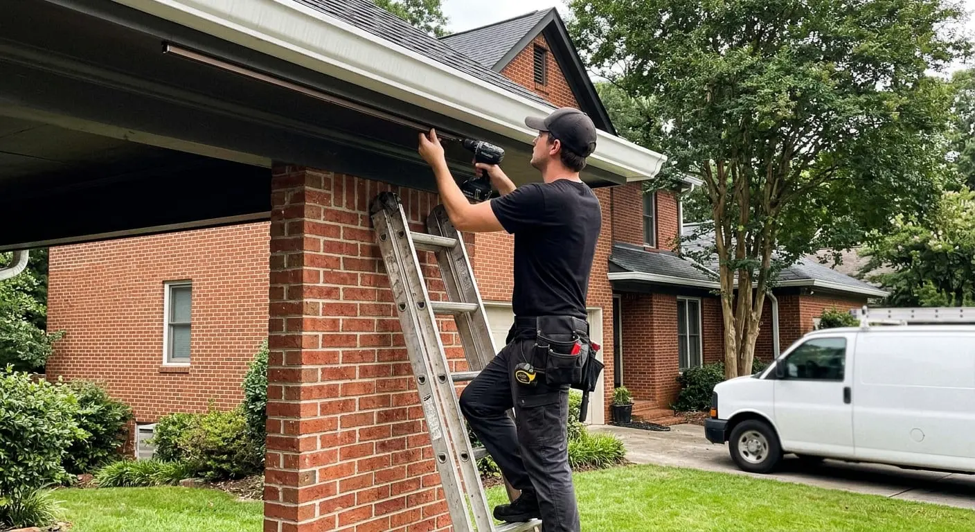 West End Lighting installer mounting color-matched LED light track under the roofline of an Atlanta brick home