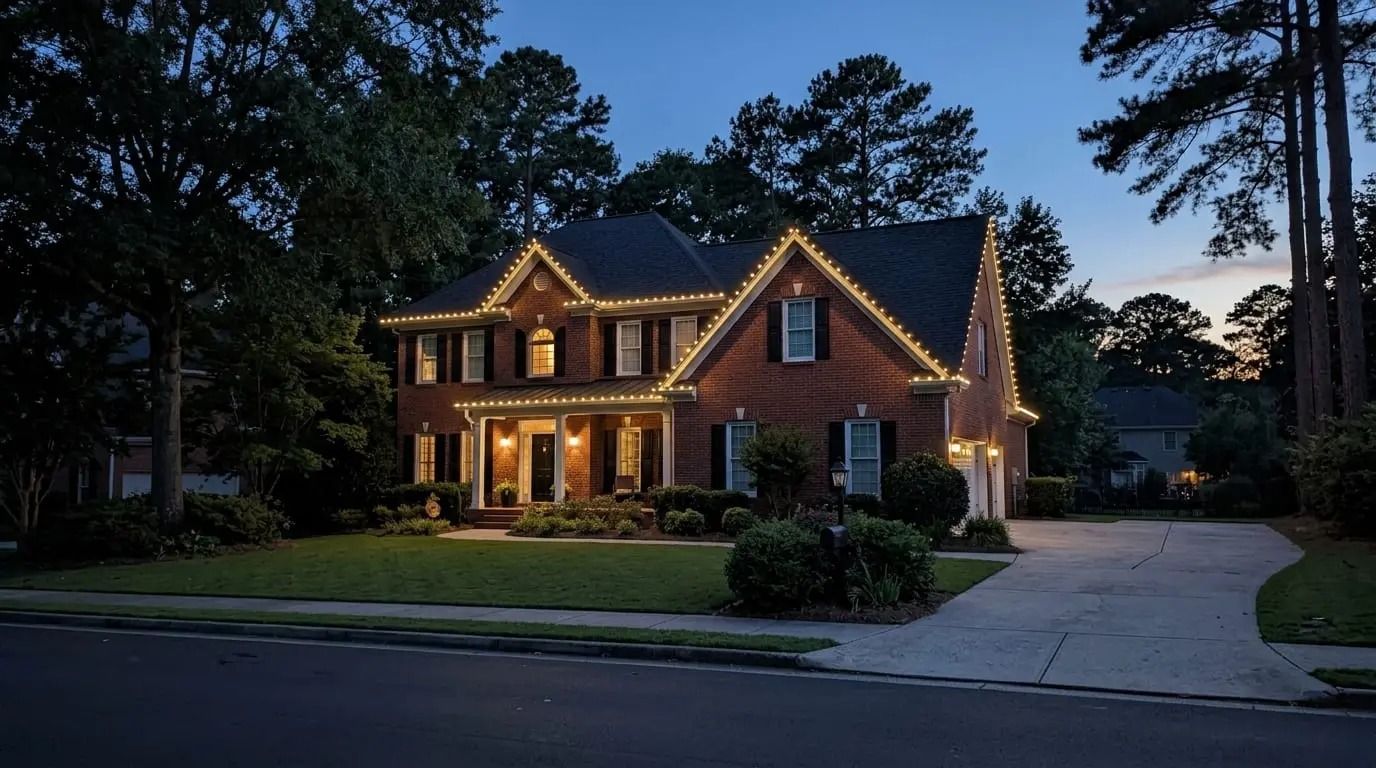 Atlanta brick home at dusk with permanent warm white LED roofline lighting installed by West End Lighting