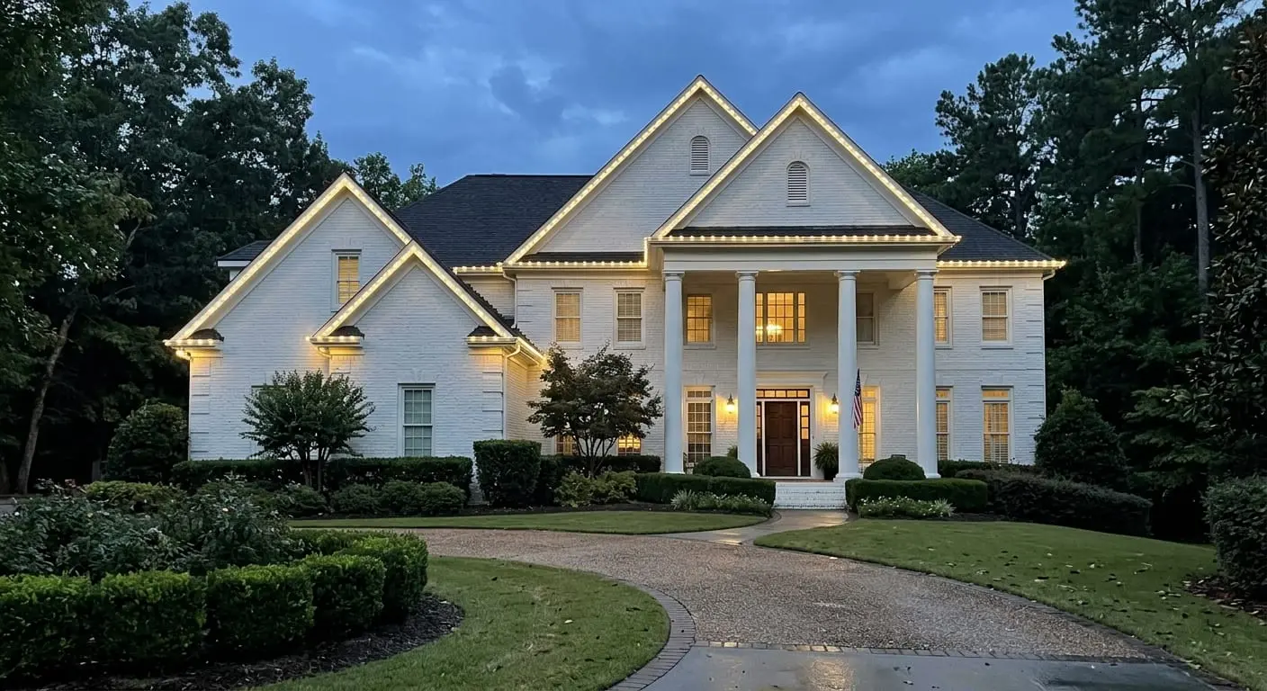 Permanent accent lighting outlining gables and columns on a home in Alpharetta, GA