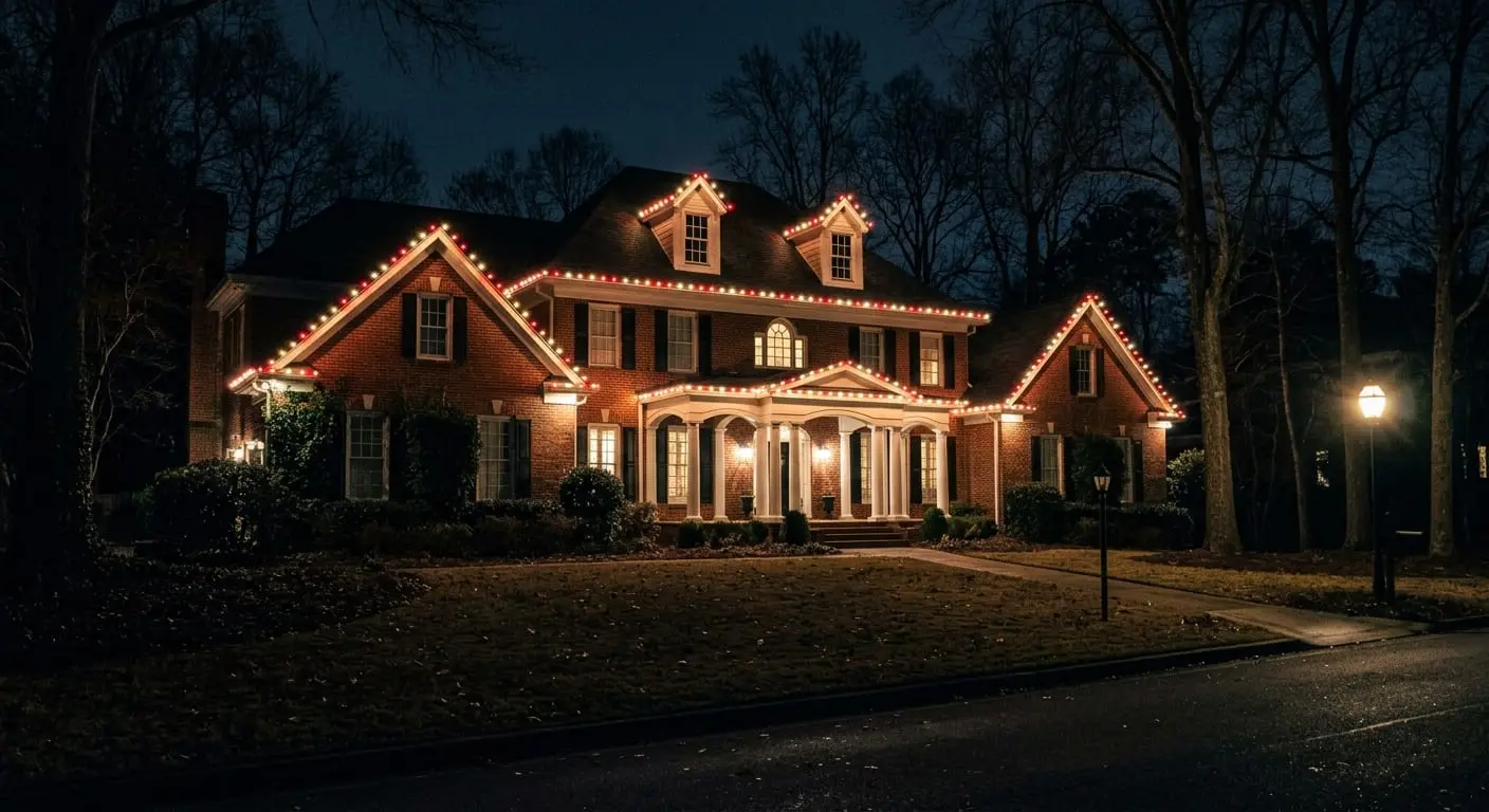 Permanent holiday roofline lighting on a brick home in Buckhead, Atlanta