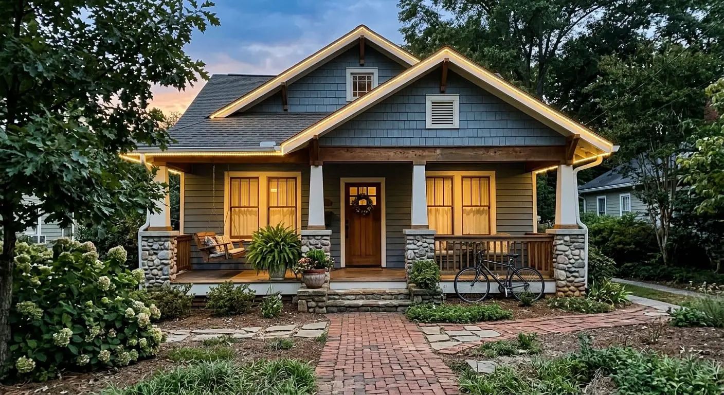 Warm white permanent accent lighting on a Craftsman bungalow in Decatur, GA