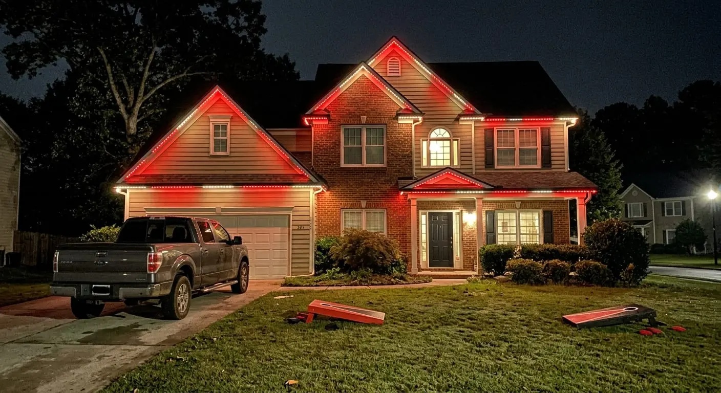 Two-story home in Marietta lit in red and black team colors for game day