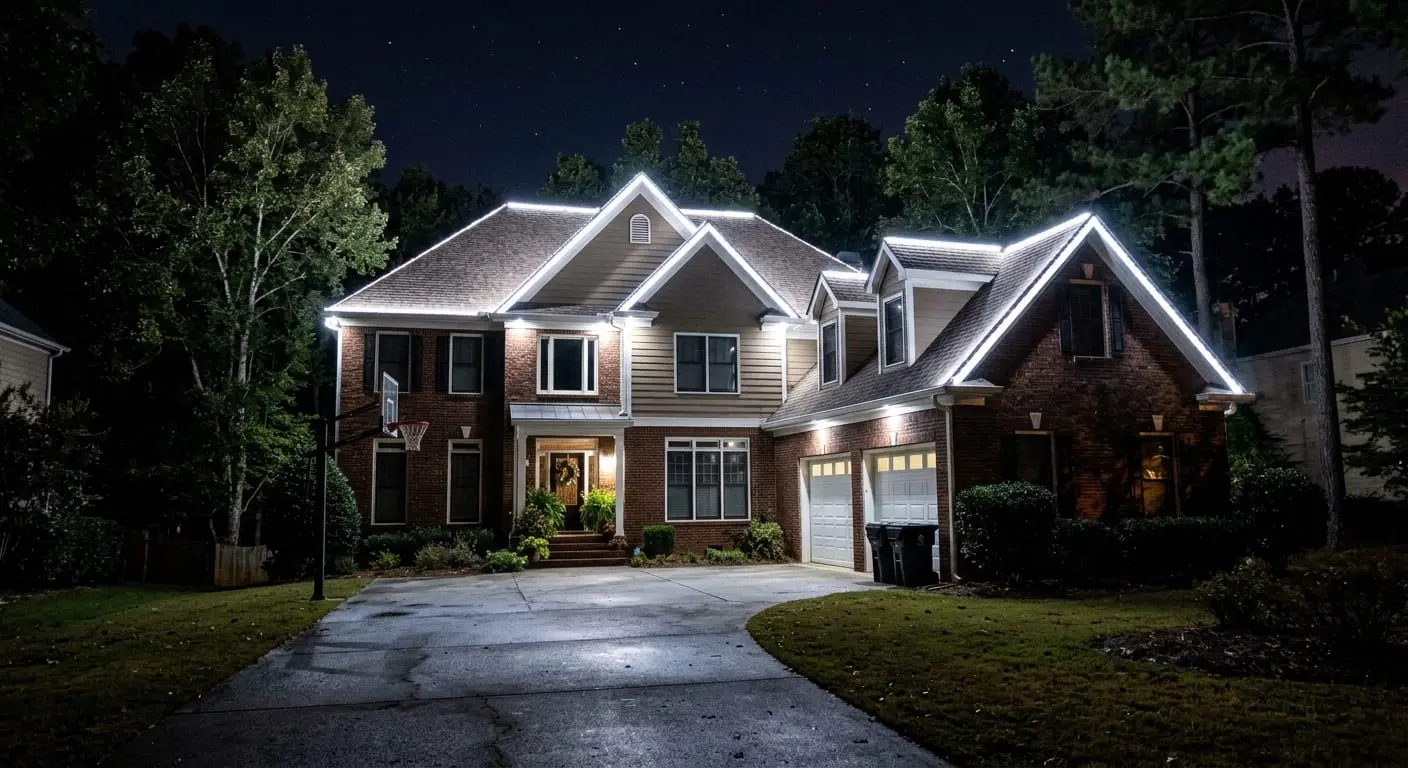 Bright white permanent security lighting on a home in Sandy Springs, GA