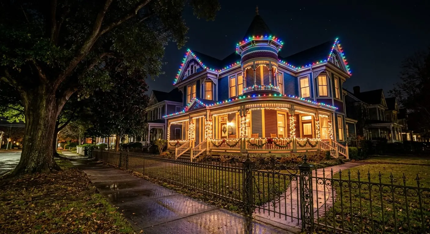 Multicolor permanent holiday lights on a Victorian home in West End, Atlanta