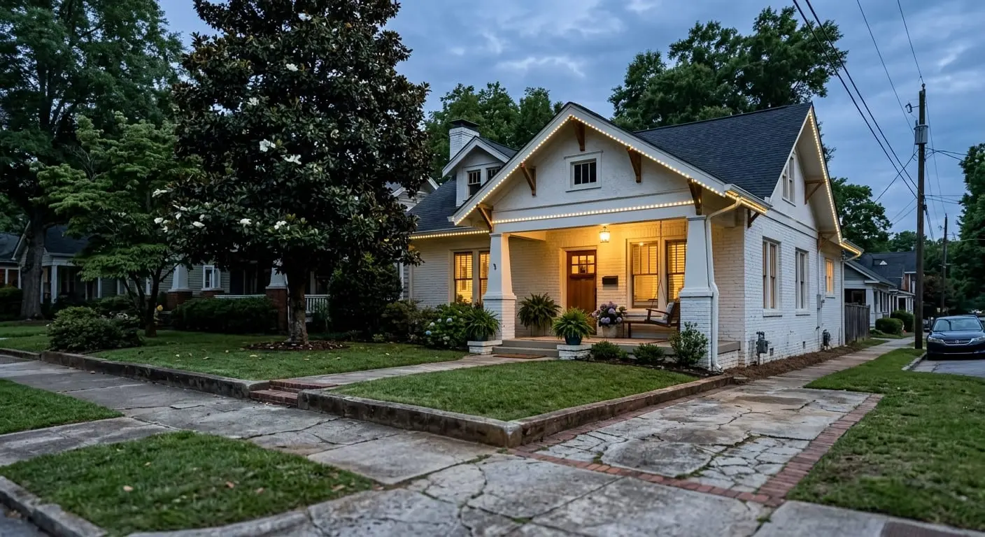 Atlanta craftsman home with soft warm white permanent accent lighting along the roofline at dusk