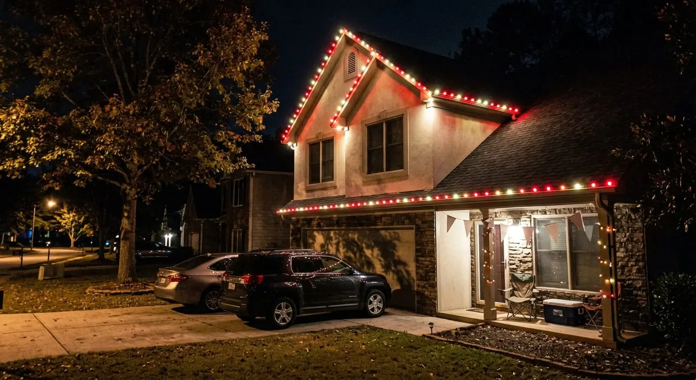 Atlanta home lit in red and black team colors for game day with permanent roofline lighting