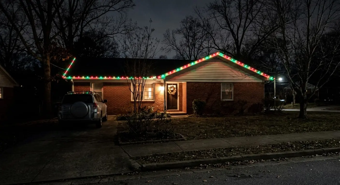 Atlanta brick home with permanent red and green holiday roofline lights at night