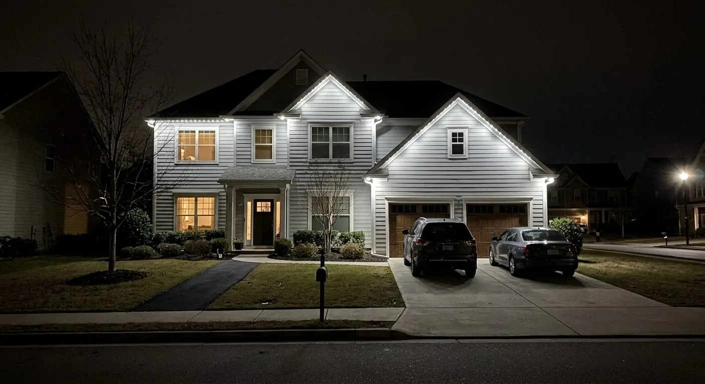 Two-story Atlanta home with bright white permanent security lighting outlining the roof and eaves at night