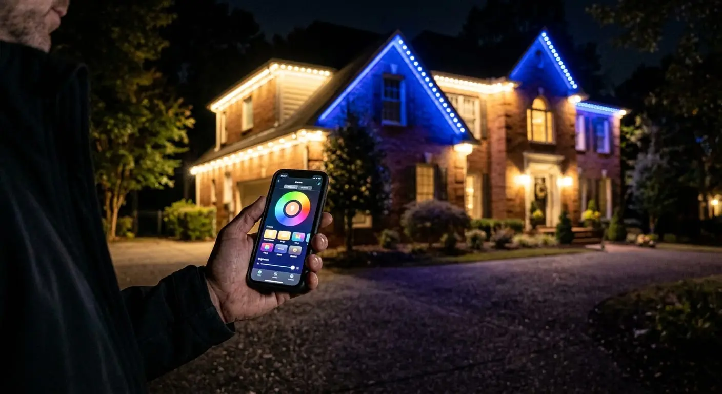 Homeowner holding a phone to control permanent outdoor lights on an Atlanta home at night